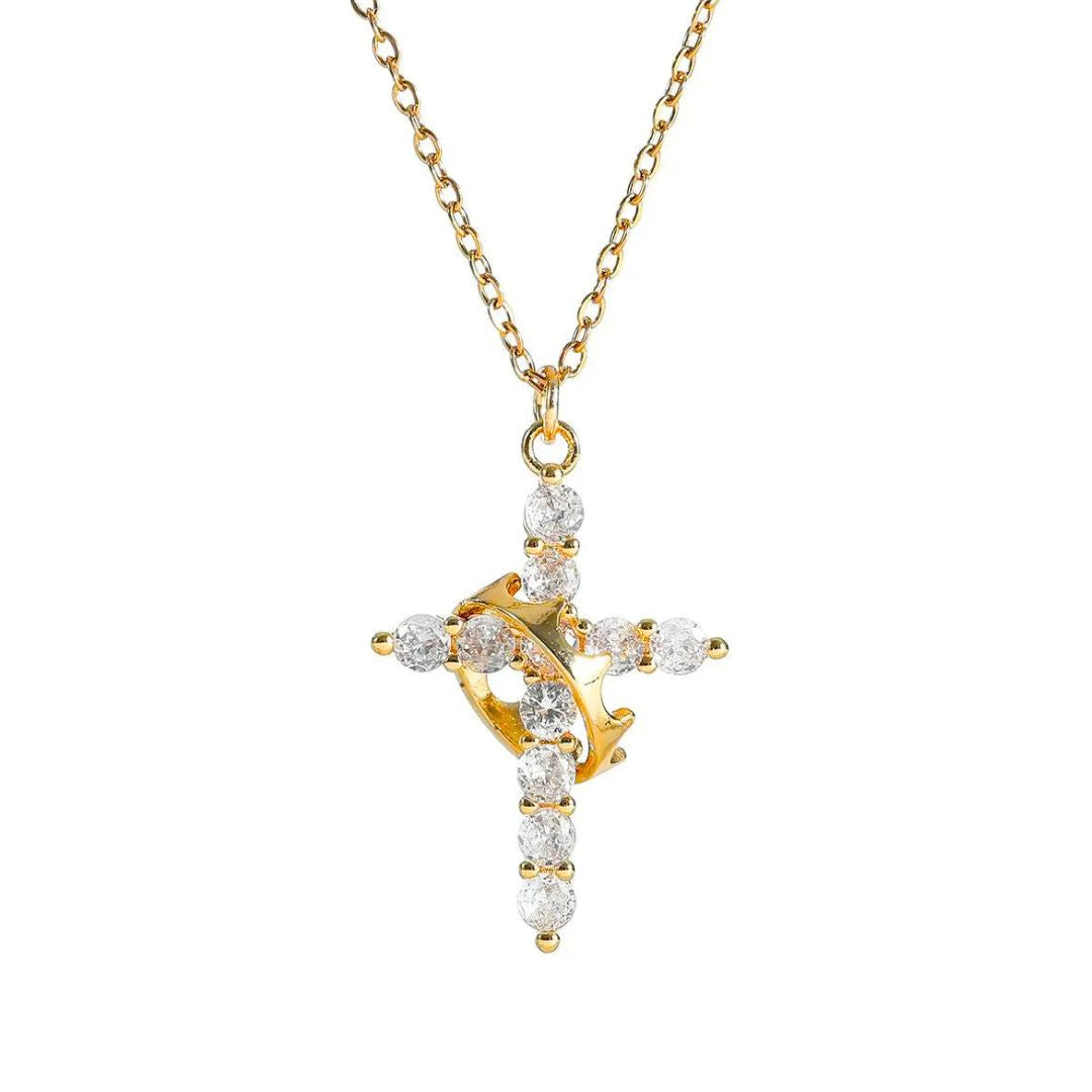 VELINNA™ Cross & Crown Necklace – 18K Gold Plated ✝️